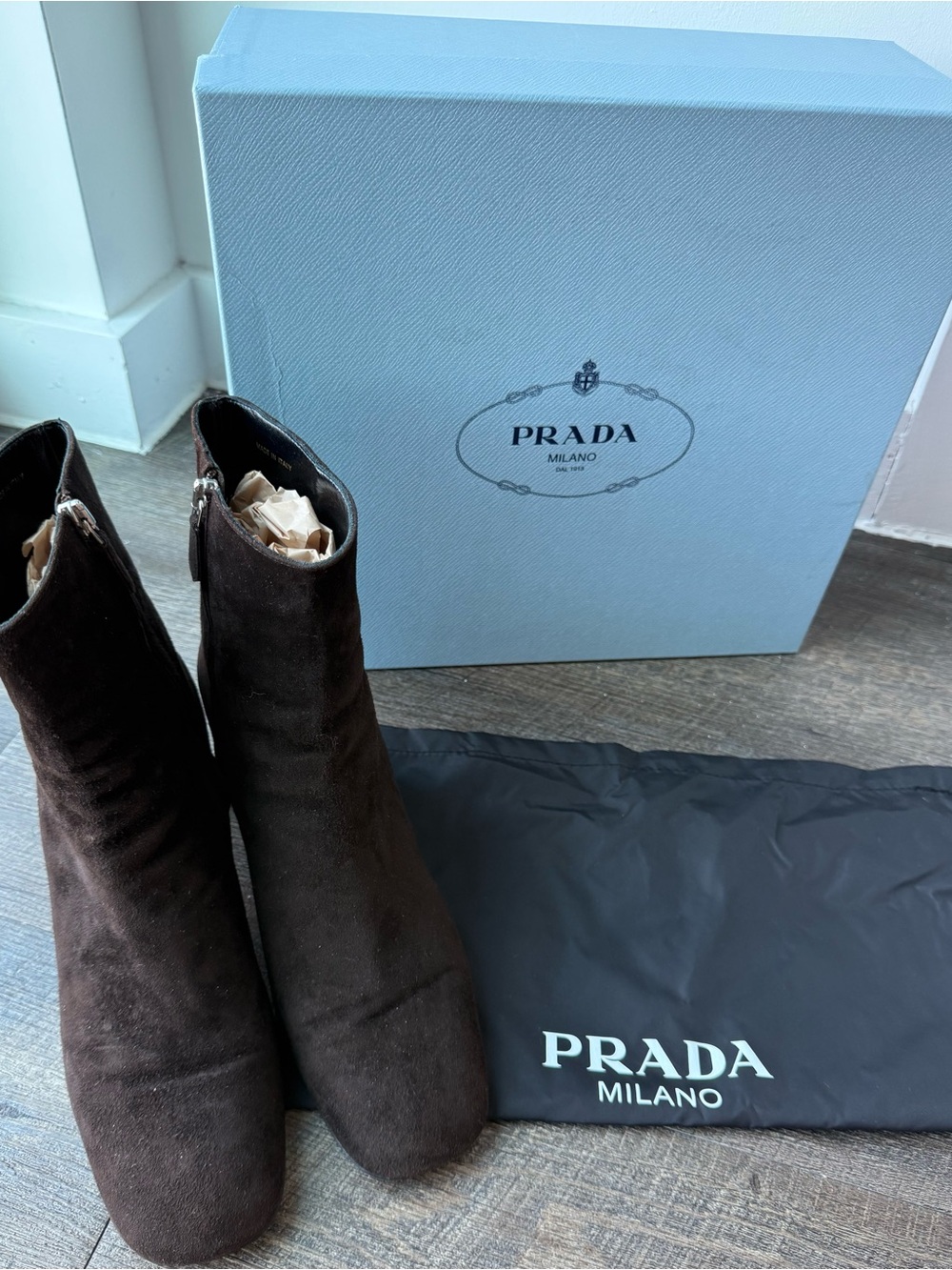 Prada Dark Brown Suede Ankle Booties - Women's